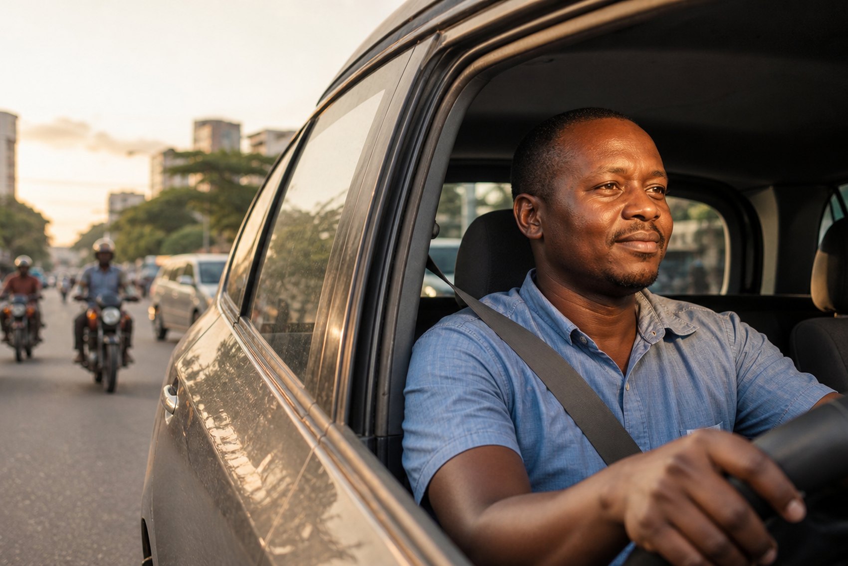 A verified Nikonekti driver on the road at dusk